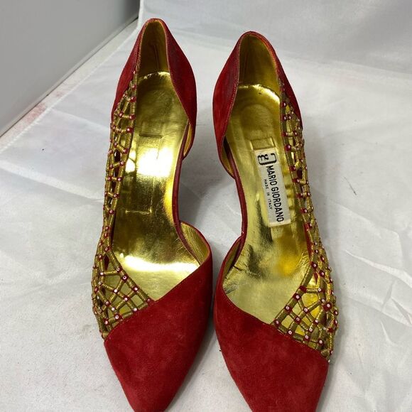 Vintage Mario Giordano Shoes Womens Size 5.5 Red Gold Sling Back 3" Heels - Picture 5 of 8